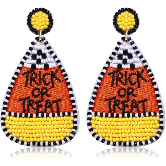 Halloween Beaded Drop Earrings Candy Corn Pumpkin Dangle Studs Festive Holiday - Picture 1 of 6